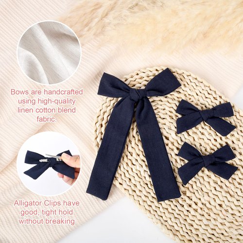 DEEKA Navy Cotton Linen Hair Bows 2 Sizes 5"&3.5" Soft Hair Bow set for Toddler Girls Long Ponytail Knot Bows Alligator Clip Hair Accessories for Little School Girls (Navy)