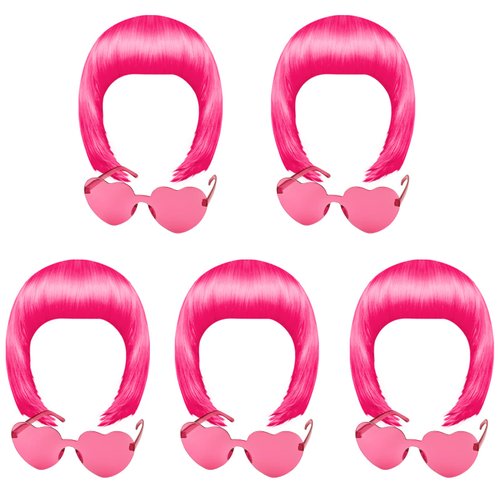 KUUQA 10 Pieces Peach Red Party Wigs and Sunglass Set, Peach Red Short Bob Wig Sunglass Pack Costume Cosplay Wig Daily Party Hairpieces for Bachelorette Neon Party Favors Halloween Decorations