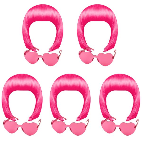 KUUQA 10 Pieces Peach Red Party Wigs and Sunglass Set, Peach Red Short Bob Wig Sunglass Pack Costume Cosplay Wig Daily Party Hairpieces for Bachelorette Neon Party Favors Halloween Decorations