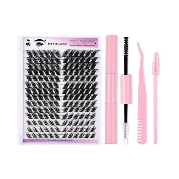 MUOBOFU False Eyelashes,Lash Extension Kit DIY,168pcs Lash Clusters Eyelash Extension Kit,12-18mm D Curl Individual Lashes Kit with Lash Bond and Seal Lash Tweezers for Self Use