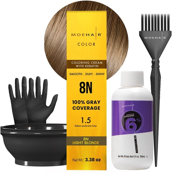 MOEHAIR Hair Coloring Kit | 8N Permanent Hair Color (Light Blonde), 20 Volume Developer 6%, Coloring Brush, Gloves & Mixing Bowl | Keratin Infused Color | Gray Coverage | Adds Shines & Softness