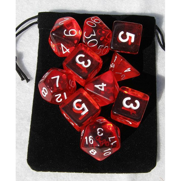 Translucent Red RPG D&D Dice Set: 7 + 3d6 = 10 polyhedral die plus bag!