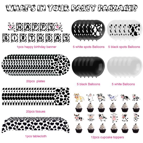 N-2 Cow Print Birthday Party Supplies for 20 Guests Happy Banner Plates Napkins Tablecloth Balloons Cupcake Toppers Kids Girls Boys Decorations (Buey-P-COW)