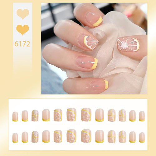 Press on Nails Short Square French Tips 24Pcs Glossy Full Cover Acrylic Square False Nails with Lemon Designs Reusable Short Coffin Fake Nails with Charm Glue Stick on Fingernails for Women Girls