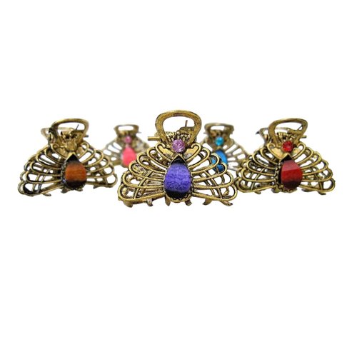 Small peacock shaped jeweled antique bronze hair claw clip (Primary color: Red)