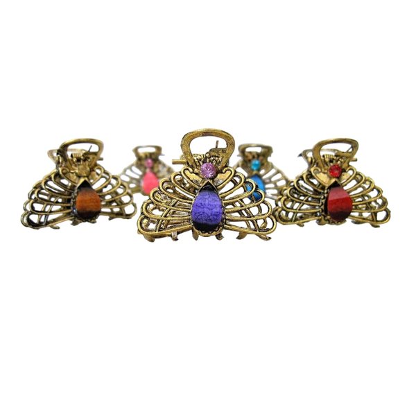 Small peacock shaped jeweled antique bronze hair claw clip (Primary color: Red)