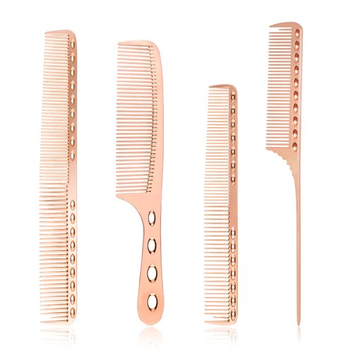 4 Types Metal Comb Professional Aluminum Dressing Comb Cutting Combs Set for Barber Hair Styling, Included Fine Cutting Comb, Rat Tail Comb, Detangling Comb, Handle Comb - Rose Gold