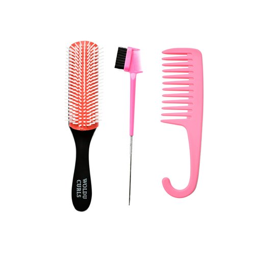 SpeedSavings 9 Row Nylon Cushion Brush Version 2 for Curly hair with Edge Control Pin Tail and Detangler Comb