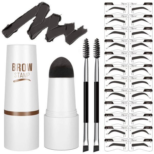 Eyebrow Stamp Stencil Kit - One-Step Vegan Eyebrow Stamp Pomade - Long-Lasting Waterproof Smudge-Proof - With 24Pcs Reusable Thin & Thick Eyebrow Stencils for Perfect Brows (Grey Black)