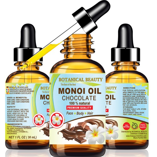 Botanical Beauty MONOI OIL Chocolate. Frangipani flowers in Coconut Oil with Chocolate aroma. 100% Natural 1 Fl.oz - 30 ml Pure for FACE, SKIN, BODY, HAIR, NAILS. Luxury Beauty Oil
