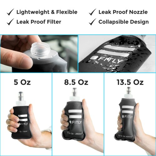 FITLY Soft Flask 3 Pack - 5 oz (150 ml), 8.5oz (250ml), & 13.5oz (400ml) - Shrink As You Drink Soft Water Bottle for Hydration Pack - Folding Water Bottle For Running & Hiking - Running Water Bottle