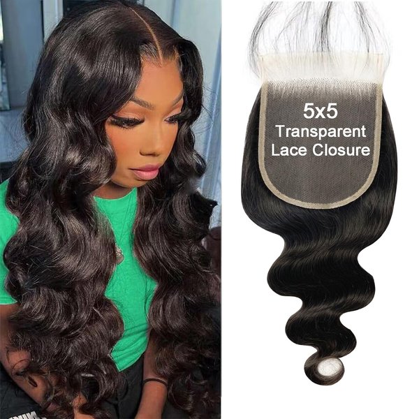 5x5 Transparent HD Lace Closure Body Wave human hair closure 12A Brazilian Virgin Human Hair Closure Free Part 100% Human Hair Extensions Pre Plucked Natural Black (14 Inch)