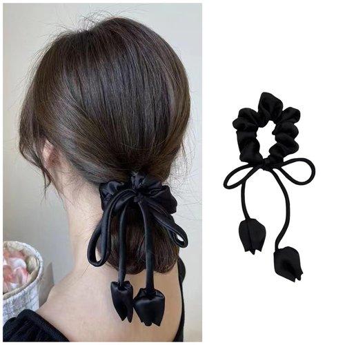 Iaceble French Black Ribbon Hair Scrunchies Satin silky Elastic Hair Tie Flower Hair Rope Band Ponytail Holder Scrunchies Rope With Tulip Decorative Hair Accessories for Women and Girls Headdress
