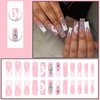 DANMANR Fake Nails French Long Press on Coffin Nails Crystal Full Cover Acrylic Shiny Fake Nails for Women and Girls 24PCS