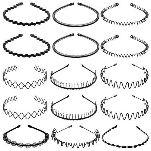 BOYIVI 15 PCS Fashion Teeth Metal Headbands Black Wavy Hair Band Non-slip Unisex Sports Hairband Outdoor Hair Hoop Simple Elastic Hair Accessories for Men Women