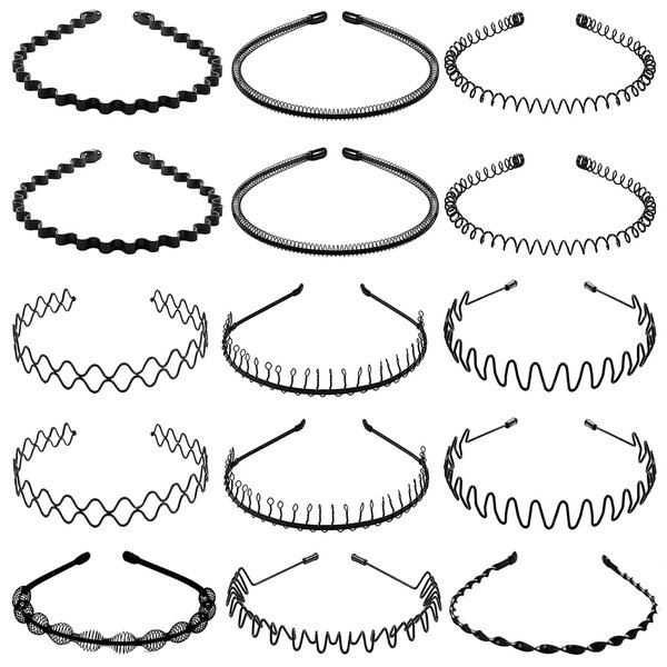 BOYIVI 15 PCS Fashion Teeth Metal Headbands Black Wavy Hair Band Non-slip Unisex Sports Hairband Outdoor Hair Hoop Simple Elastic Hair Accessories for Men Women