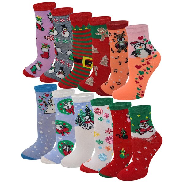 Different Touch 12 Pairs Pack Kids Girls Colorful Creative Fun Novelty Design Crew Socks (6-8, Christmas Knee HIgh)