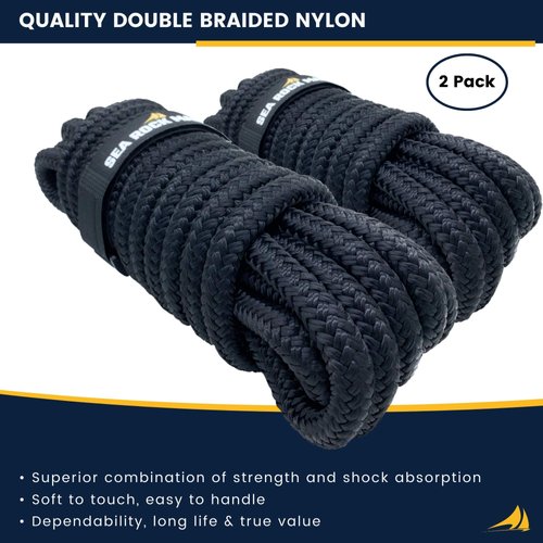 Sea Rock Marine 15' x 3/8" Premium Double Braided Nylon Dock Lines (2 Pack) with 12” Eyelet & Dock Line Ties - Dock Lines for Boats, Marine Rope, Boat Accessories - Black