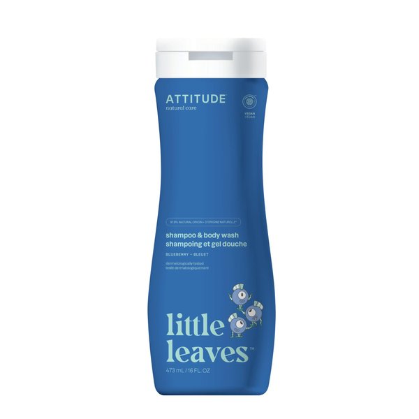 ATTITUDE Shampoo and Body Wash for Kids, EWG Verified Hair and Body Cleanser, Dermatologically Tested Soap, Plant and Mineral Based Bath Products, Vegan, Blueberry, 16 Fl Oz