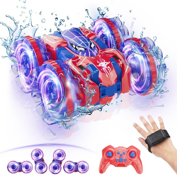 fygurso 4WD Waterproof RC Car, 2.4 GHz Amphibious Remote Control Car Remote Control Boatfor Kids, 360°Rotation RC Truck Stunt Car with LED Lights, Boys Girls Gifts All Terrain Water Beach Pool Toy