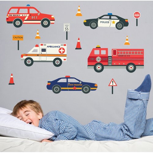 EMS Emergency Vehicles Wall Decals Fire Trucks, Ambulance, Police Cars Wall Decals Eco-Friendly Peel and Stick!