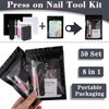 50 Set Disposable Nail Supplies Kits,Professional Manicure Press On Nail Tool Kit With Nail File ,Nail Buffer,Adhesive Tabs,Nail Glue,Sticks, Prep Pads,Bags,Instruction Cards for Nail Business(Black)