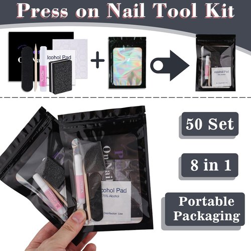 50 Set Disposable Nail Supplies Kits,Professional Manicure Press On Nail Tool Kit With Nail File ,Nail Buffer,Adhesive Tabs,Nail Glue,Sticks, Prep Pads,Bags,Instruction Cards for Nail Business(Black)