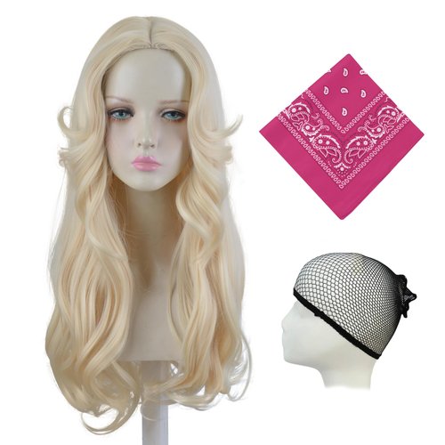 Aeilene Blonde Wigs for Women, Long Wavy Blond Hair Middle Part Platinum Blonde Synthetic Wigs with Neckerchief for Cosplay Halloween Costume Party Daily