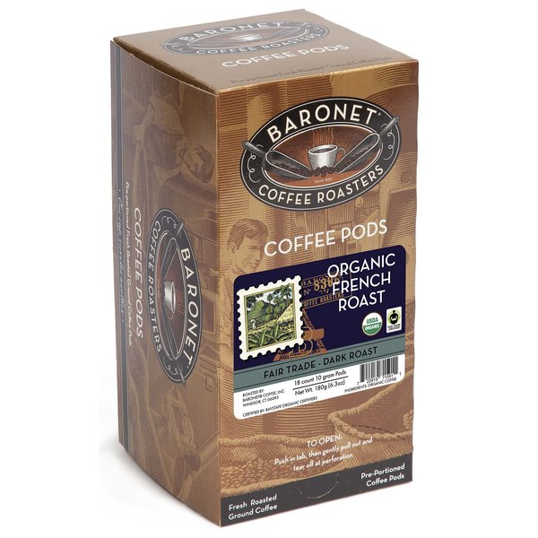 Baronet Coffee Pods [Organic Fair Trade French Roast-54 Pods] Single Cup Use, Like Senseo Coffee Pods [3 Boxes of 18 Single Serve 10 Gram Pads] Reg Strength Soft Coffee Pods, Dark Roast [Org Fr Roast]