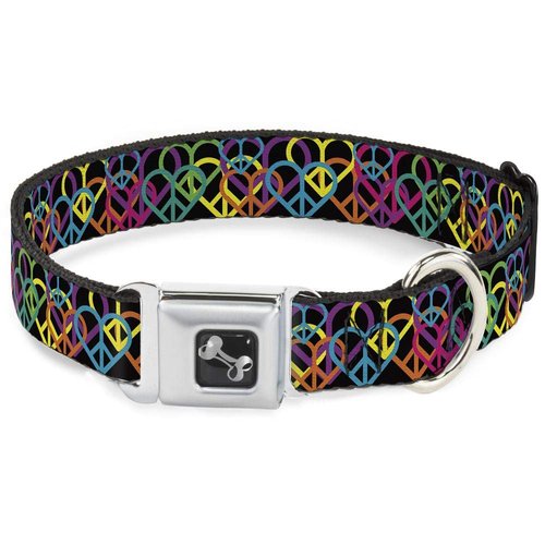 Buckle-Down Seatbelt Buckle Dog Collar - Peace Hearts Stacked Black/Neon - 1.5" Wide - Fits 13-18" Neck - Small