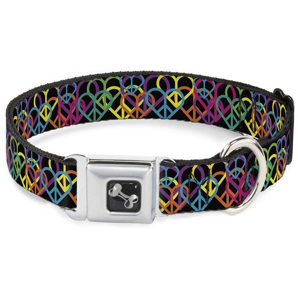 Buckle-Down Seatbelt Buckle Dog Collar - Peace Hearts Stacked Black/Neon - 1.5" Wide - Fits 13-18" Neck - Small