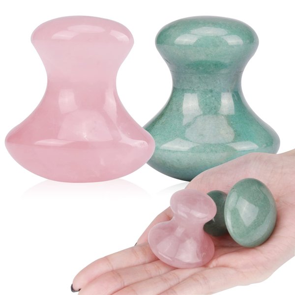 ideayard Mushroom Gua sha 2Pcs Jade Eye Massage Facial Tool Smooth Cute Mushroom Shaped Scraping for Women SPA Lift Remove Wrinkles (Rose Quartz+Green)