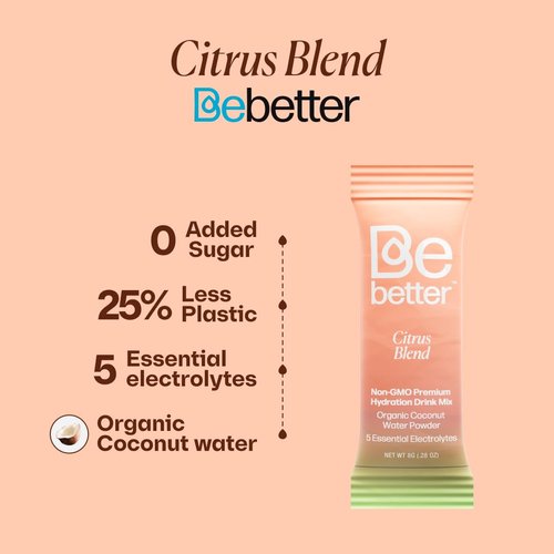 Bebetter Premium Electrolytes Powder Packets | Daily Electrolyte Drink Mix | No Artificial Flavors | Organic Coconut Water | Zero Added Sugar | Hydration Packets | Non-GMO | 22 Sticks (Citrus Blend)