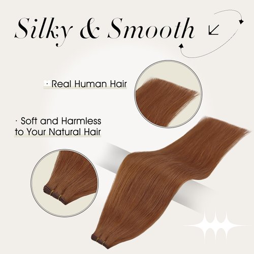 Full Shine 22 Inch Genius Weft Hair Extensions Hand Tied Weft Human Hair Copper Human Hair Weft Extension Remy Hair Copper Auburn #330 Silky Straight Remy Hair Weft Extensions Silky Hair 60G