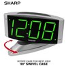 SHARP Home LED Digital Alarm Clock – Swivel Base - Outlet Powered, Simple Operation, Alarm, Snooze, Brightness Dimmer, Big Green Digit Display, Silver Case