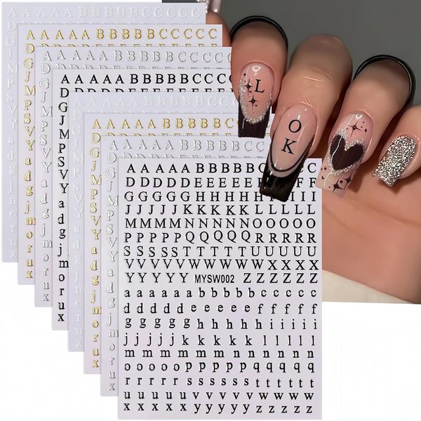 8 Sheets Letters Nail Art Stickers, English Alphabet Nail Decals,3D Self Adhesive Black Alphabet Nail Art Supplies Metallic Gold Silver Nail Sticker for Women DIY Nail Decoration Manicure