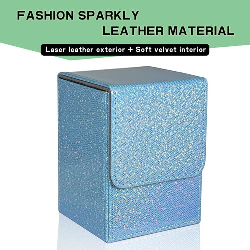 Dmoicols Sparkly Card Deck Box Holds 100+ Single Sleeved Cards,Leather Card Storage Case,MTG Commander Deck Box with 2 Dividers fit TCG CCG Magic Cards Vertical (Sparkly Light Blue Point)