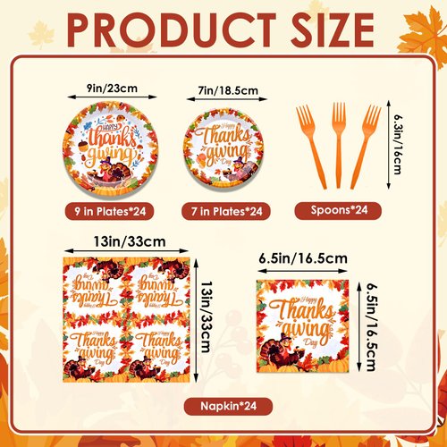 96 Pieces Happy Thanksgiving Tableware Set Party Supplies - Fall Harvest Pattern Disposable Dinnerware with Paper Plates, Napkins, Forks for Autumn and Thanksgiving Dinner BBQ Picnic Favors