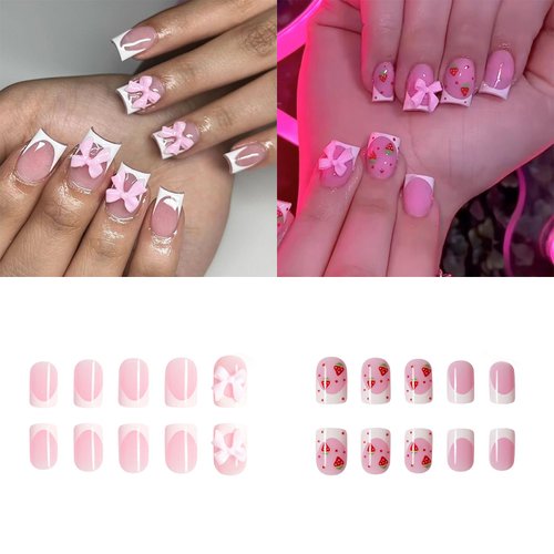 Tyuimhx 48Pcs White French Tip Press on Nails Square Short Fake Nails With 3D Pink Bow Designs Strawberry False Nails Pink Full Cover Stick on Nails Acrylic Artificial Nails for Women Girls
