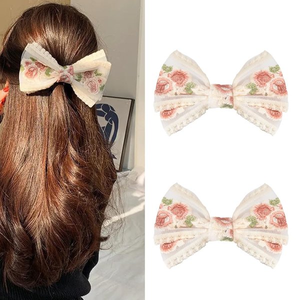 Lace Bow Hair Clips Hair Bow Barrettes for Women Girls Embroidery Flower Lace Hair Bows French Barrette Hair Clips Bow Hair Accessories for Women Wedding Bachelorette Party 2Pcs Bowknot Hair Clips