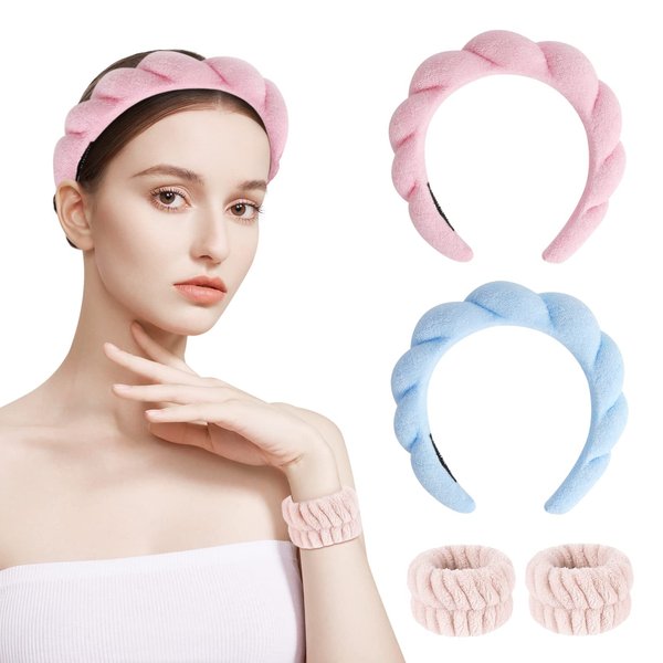 moniko Spa Headband for Washing Face,Makeup Headbands for Women,Wrist Strap Set Prevent Liquid Overflow,Face Wash Headband,Makeup Headband for Skincare,Makeup Removal,Hair Accessories(4 Pack)