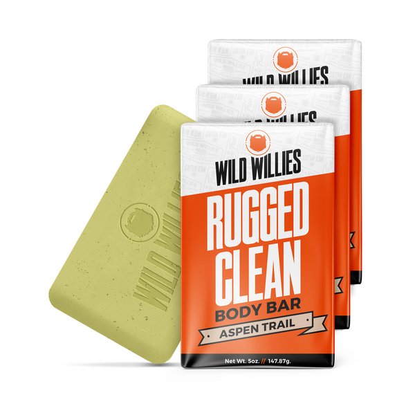 Wild Willies Moisturizing Mens Bar Soap - Bath Soaps with Shea Butter for Odor Protection - Natural Body Bar for Men - Aspen Trail Scent, 3 Pack