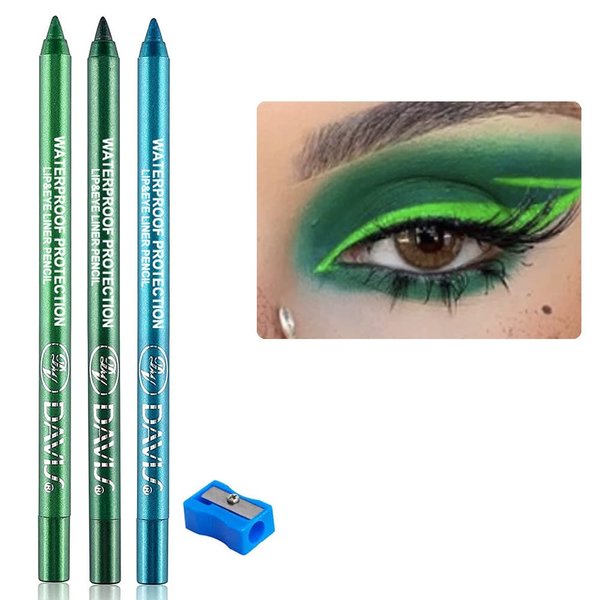 3 Colors Matte Eyeliner Pen Set With Pencil Sharpener,Green - Green Dark Green Blue Colored Colorful Eyeliner Pencil Set, Pearl Metallic Glitter Waterproof Professional Eye Color Sets 4 Green S3