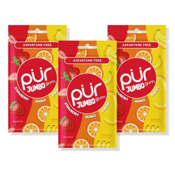 PUR Jumbo Gum | Aspartame Free Chewing Gum | 100% Xylitol | Natural Strawberry, Banana, Orange Flavor, 20 Pieces (Pack of 3)
