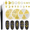 XEAOHESY 3 Boxes Gold Nail Charms for Nails Ring Irregular Shape Star Moon Metal Nail Rivets Silver Nail Studs 3D Nail Art Jewelry Decoration for Acrylic Nails With Rhinestone Pickup Pen and Tweezers