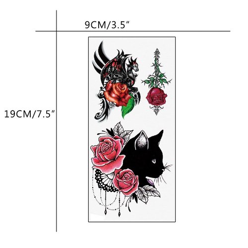 TAFLY Waterproof Temporary Tattoos Sticker Black Cat and Rose Tatto Water Transfer Fake Tatoo for Woman 5 Sheets