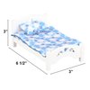 Dollhouse Furniture Mini Kid’s Bed Set, Realistic Bedroom Accessories for 6 inch Dolls, Blue Bedding, White Wood, 1/12 Scale