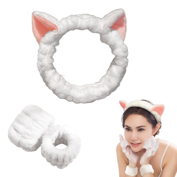 3-Pack Cat Ears Spa Headband and Wristband Set, Soft Plush Makeup Skincare Headband Wrist Bands, Cute Cat Ears Face Wash Headband and Towel Wristband Set for Women Girls Washing Face Skin Care (White)