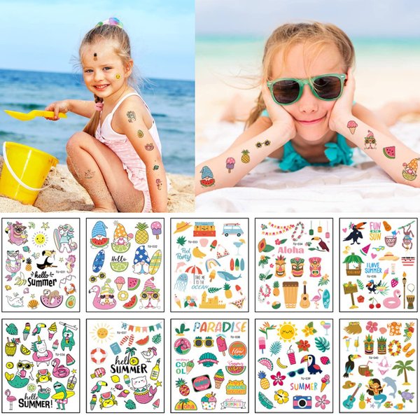 Summer Temporary Tattoo Stickers 200+ Patterns Hawaii Beach Pool Party Tropical Fake Tattoos Waterproof Pineapple Palm Tree Cat Ice Cream for Kids Boy Girl Adult