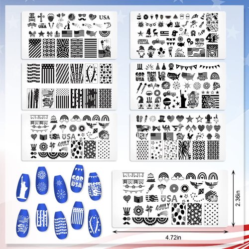 Estivaux 6 PCS 4th of July Patriotic Nail Stamping Plates American Flags Nail Art Plates Templates Memorial Day Stars Nail Stamper Set Statue of Liberty Printing Nail Stencils Reusable Nail Art Tools